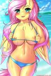 2018 2:3 5_fingers absurd_res anthro anthrofied areola big_breasts bikini bikini_aside blush breasts clothing clothing_aside cloud curvy_figure detailed_background digital_media_(artwork) equid equine eye_through_hair eyelashes feathered_wings feathers female fingers fluttershy_(mlp) friendship_is_magic fur green_eyes hair hasbro hi_res long_hair looking_at_viewer mammal my_little_pony mythological_creature mythological_equine mythology navel nipples open_mouth outside pegasus pink_hair solo swimwear swimwear_aside text translucent translucent_hair twistedscarlett60 two-piece_swimsuit water wet wide_hipped_female wide_hips wings yellow_body yellow_fur