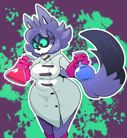 4_fingers abstract_background anthro big_breasts black_nose blue_ears blue_hair blue_tail blue_tail_tip breasts button_(fastener) clothed clothed_anthro clothed_female clothing coat costume curvy_figure dipstick_tail erlenmeyer_flask eyebrows eyewear female female_anthro fingers florence_flask footwear front_view fur glassware gloves goggles hair halloween_costume handwear holding_flask holding_object holidays lab_coat laboratory_equipment laboratory_glassware markings scientific_instrument scientist solo tail tail_markings topwear white_body white_fur wide_hipped_anthro wide_hipped_female wide_hips cloudidoodles halloween roxanne_oxley canid canine fox mammal 2022 absurd_res digital_drawing_(artwork) digital_media_(artwork) hi_res portrait three-quarter_portrait