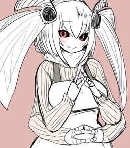 anthro apron black_sclera blush breasts clothing female multi_arm multi_limb non-mammal_breasts pink_background red_eyes simple_background smile solo sweater topwear smiyao mashiro_(solopipb) arthropod insect lepidopteran moth hi_res