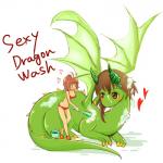 bathing blush breasts brown_hair bucket claws clothed clothing container duo female feral green_body green_horn green_tail green_wings hair horn larger_feral scrub_brush simple_background size_difference smaller_female smaller_human suds tail text white_background wings yellow_claws seirei mythology dragon human mammal mythological_creature mythological_scalie scalie 1:1 2015 english_text hi_res