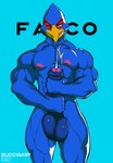 anthro balls beak big_balls big_penis blue_balls blue_body blue_penis bodily_fluids cum cumshot darkened_balls darkened_genitalia darkened_penis ejaculation erection foreskin genital_fluids genitals glans humanoid_genitalia humanoid_penis male masturbation muscular muscular_anthro muscular_male nipples nude nude_anthro nude_male penile penile_masturbation penis pink_glans pink_nipples simple_background solo tongue two-handed_masturbation yellow_beak guccigarf nintendo star_fox falco_lombardi avian bird hi_res