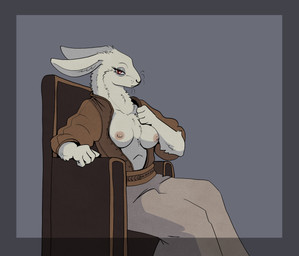 albino anthro bottomwear breasts chair clothing female fur furniture looking_at_viewer medieval_clothing on_chair presenting presenting_breasts red_eyes simple_background sitting sitting_on_chair sitting_on_throne skirt solo throne white_body white_fur garbagegarage lagomorph leporid mammal rabbit