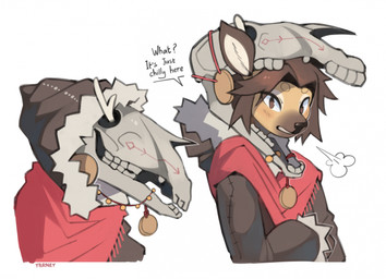 animal_skull anthro antlers black_nose blush bone breath brown_eyes brown_hair clothed clothing coat crossed_arms dialogue ears_up eyelashes front_view fur hair horn looking_at_viewer male medallion multicolored_body open_mouth seam_(sewing) shawl showing_teeth simple_background skull skull_accessory solo speech_bubble stitch_(sewing) teeth text topwear two_tone_face white_background yarney cervine deer mammal 2025 artist_name bust_portrait cel_shading colored digital_media_(artwork) english_text half-length_portrait hi_res portrait shaded signature