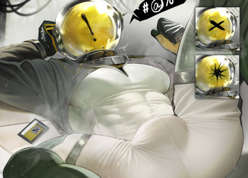 abs asterisk_(symbol) bulge clothing dialogue exclamation_point expressions for_a_head gloves handwear lying male muscular muscular_male on_back pecs profanity solo spread_legs spreading suit tight_clothing white_clothing x_mark yellow_head uyouu19 reverse:1999 ulrich_(reverse:1999) humanoid object_head hi_res