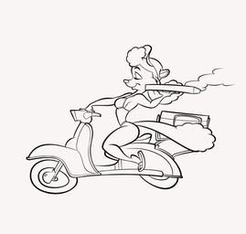 anthro bikini biped breasts closed_smile clothed clothed_anthro clothed_female clothing driver driving eyebrows eyelashes eyes_closed female female_anthro fingers food hair hat headgear headwear motorcycle mouth_closed pizza plantar_flexion riding_motorcycle side_boob simple_background smile snout solo swimwear toony two-piece_swimsuit vehicle white_background stanmort vespa vinda_loo black_and_white monochrome