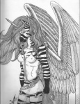 anthro biped breasts clothed clothing feathered_wings feathers female fishnet_clothing horn leather looking_at_viewer nipple_outline nipples pen&ink simple_background solo standing stripes white_background wings purplegriffin mythology equid equine mammal mythological_creature mythological_equine winged_unicorn zebra 2012 black_and_white greyscale hi_res monochrome