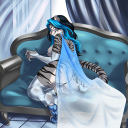 anthro armwear black_hair blue_body blue_highlights blue_vulva breasts bridal_gauntlets clothing collar curtains female fur furniture genitals grey_body grey_fur hair highlights_(coloring) legwear looking_back nipple_chain nipple_piercing nipples pawpads paws piercing sofa solo stockings striped_body striped_fur stripes translucent translucent_clothing vulva kirsenter freyja_(freyjatigress) felid feline mammal pantherine tiger 1:1 absurd_res hi_res