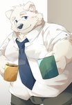 anthro belly big_belly black_nose blue_eyes clothing container cup kemono male mug necktie overweight overweight_male shirt solo topwear underwear boar_stag144 bear mammal polar_bear ursine 2023 absurd_res hi_res