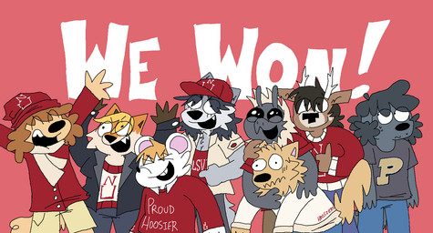 4_fingers antennae_(anatomy) anthro antlers awkward blush bodily_fluids celebration clothing exclamation_point female female_anthro fingers fluffy fur gesture group hair hair_over_eyes hand_gesture happy horn hug hugging_another indiana_(state) looking_aside male male_anthro open_mouth open_smile pointy_ears red_clothing school sharp_teeth smile sweat sweatdrop tail teeth text thumbs_up university victory freoncat normalsville purdue_university ferris_(normalsville) harrod_(normalsville) lake_(normalsville) leo_(normalsville) owen_(normalsville) peter_(normalsville) rocky_(normalsville) zoey_(normalsville) arthropod bee bird_dog canid canine canis deer domestic_dog fox golden_retriever hunting_dog hymenopteran insect mammal mixed_breed mouse murid murine nordic_sled_dog poodle retriever rodent samoyed spitz wolf 2026 colored digital_drawing_(artwork) digital_media_(artwork) english_text flat_colors hi_res