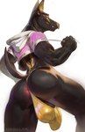 absurd_res anthro anubian_jackal anubis anus anus_behind_thong black_body black_fur butt canid canine canis clothed clothing darkgem deity digital_media_(artwork) egyptian_mythology facial_piercing fur genitals hi_res jackal khaleb_(sybervenn) looking_at_viewer looking_back male mammal middle_eastern_mythology mythology nose_piercing nose_ring partially_clothed penis piercing ring_piercing septum_piercing septum_ring simple_background smile solo tail thong underwear white_background