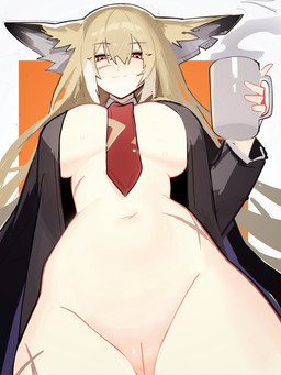 accessory animal_ears big_breasts blush bodily_fluids breasts clothed clothing container cup facial_scar female genitals hair holding_container holding_cup holding_object leg_scar long_hair looking_at_viewer low-angle_view navel necktie open_clothing scar small_waist solo sweat vulva distrbeachboy arknights hypergryph studio_montagne vulpisfoglia_(arknights) animal_humanoid canid canid_humanoid canine canine_humanoid fennec_humanoid fox_humanoid humanoid mammal mammal_humanoid 3:4 absurd_res hi_res
