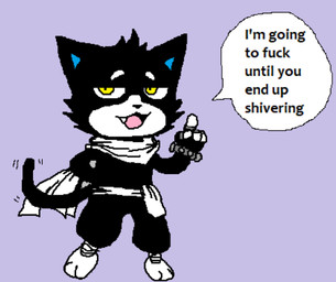 anthro blue_inner_ear dialogue eyebrows fangs gesture hand_gesture male pointing profanity scarf solo speech_bubble teeth text white_eyebrows wristband yellow_eyes rhonbon domestic_cat felid feline felis mammal english_text
