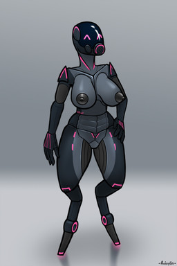 athletic athletic_female athletic_humanoid big_breasts breasts curvy_figure digitigrade female heart_symbol hourglass_figure looking_at_viewer machine not_furry nude reflection screen screen_face simple_background solo standing synthetic thick_thighs visor avioylin humanoid robot 2:3