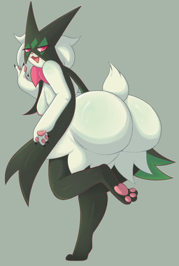 anthro bedroom_eyes bent_over big_butt breasts butt butt_focus female huge_butt looking_back narrowed_eyes nipples open_mouth pawpads paws pose presenting presenting_hindquarters raised_leg seductive side_boob smug smug_face solo teasing teasing_viewer wide_hips behniis nintendo pokemon felid feline generation_9_pokemon mammal meowscarada pokemon_(species) hi_res pinup