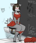 anthro bathroom blush bodily_fluids bottomwear breasts brown_hair cheerleader cheerleader_outfit cleavage clothed clothing crop_top embarrassed feces female fur genital_fluids graffiti grey_body grey_fur hair math midriff navel nervous panties panties_down partially_clothed peeing pom_poms pooping profanity red_bottomwear red_clothing red_panties red_skirt red_underwear scatplay shirt sitting skirt solo sweat sweatdrop tail text toilet toilet_use topwear underwear underwear_down urine urine_stream watersports yellow_eyes notmypornaccount cool_s sage_(notmypornaccount) deer mammal digital_media_(artwork) english_text hi_res