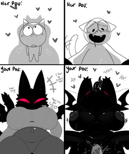 animal_ears anthro areola belly big_breasts black_areola black_belly black_body black_breasts black_ears black_fur black_nipples black_tail black_tongue black_wings blush blush_lines bodily_fluids breasts cat_tail clitoral_hood clothed clothing dialogue dripping duo female fur genital_fluids genitals happy heart_reaction leg_grab long_tongue looking_at_another looking_at_viewer looking_down lying male membrane_(anatomy) membranous_wings navel nipples nude on_back onomatopoeia penetration penile penile_penetration penis penis_in_vagina red_eyes red_sclera saliva saliva_drip saliva_on_tongue saliva_string size_difference sound_effects spread_legs spreading standing steamy_breath sweat sweaty_face tail text tongue vaginal vaginal_fluids vaginal_fluids_on_penis vaginal_penetration wings snazzle_snapp instant_loss_2koma felid feline mammal comic english_text hi_res
