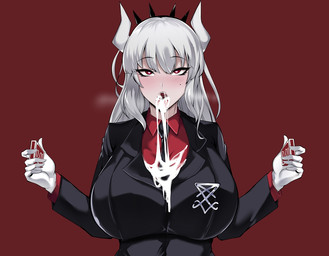 2_horns 5_fingers accessory arms_bent big_breasts biped black_business_suit black_clothing black_eyebrows black_necktie black_suit blush blush_lines bodily_fluids breasts business_suit clothed clothed_female clothed_humanoid clothing collared_shirt cum cum_drool cum_in_mouth cum_inside cum_on_clothing cum_on_shirt dress_shirt excessive_cum excessive_genital_fluids eyebrow_through_hair eyebrows eyelashes female female_humanoid fingers front_view genital_fluids gloves hair handwear headband heart_eyes heart_symbol holding_object horn huge_breasts humanoid_hands long_hair mole_under_eye narrowed_eyes necktie not_furry occult_symbol open_mouth red_background red_clothing red_dress_shirt red_eyes red_shirt red_topwear shirt sigil sigil_of_lucifer simple_background solo steam steamy_breath suit symbol topwear translucent translucent_hair white_clothing white_gloves white_hair white_handwear white_horn white_sclera owner_(artist) helltaker lucifer_(helltaker) demon demon_humanoid humanoid 2022 digital_media_(artwork) english_description half-length_portrait portrait
