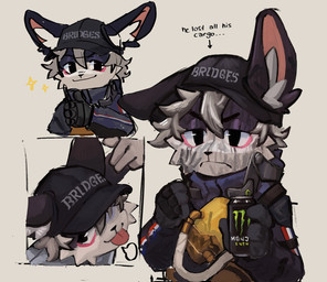 anthro beverage black_body black_eyebrows black_eyes black_fur black_nose black_text blep cheek_tuft clothed clothing eyebrows facial_tuft frown fur gloves green_text grey_text hair handwear hat headgear headwear holding_beverage holding_object inner_ear_fluff looking_at_viewer male multicolored_body multicolored_fur smile solo sparkles text text_on_clothing text_on_hat text_on_headwear tongue tongue_out tuft wearing_hat white_body white_fur white_hair white_inner_ear_fluff white_text co2killsu death_stranding monster_energy domestic_cat felid feline felis mammal 2025 english_text hi_res