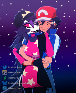 anthro arm_around_waist beak beanie black_bottomwear black_clothing black_hair black_pants blue_bottomwear blue_clothing blue_pants blue_shirt blue_topwear bottomwear breasts choker clothing crossover_ship duo eyes_closed eyeshadow female fingerless_gloves gloves gradient_background hair hand_on_another's_cheek handwear hat headgear headwear hug jewelry long_hair makeup male male/female male_human necklace night pants pink_choker pink_clothing pink_jewelry pink_necklace pink_sclera pink_topwear red_cap red_clothing red_hat red_headwear shirt simple_background smile star_pattern topwear white_eyes white_face taiketchem hellaverse helluva_boss nintendo pokemon ash_ketchum octavia_(helluva_boss) avian bird demon human mammal owl owl_demon 2025 absurd_res crossover hi_res