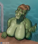 anthro areola barbell_piercing beckoning big_breasts breasts brown_hair facial_scar female gesture glistening glistening_breasts green_areola green_body green_eyes green_nipples green_scales hair looking_at_viewer nipple_barbell nipple_piercing nipples non-mammal_breasts non-mammal_nipples piercing pupils scales scar sharp_teeth slit_pupils solo swimming_pool teeth text water wet vaalgarth crocodilian reptile scalie artist_name