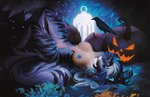 amazing_background anthro areola blue_areola blue_nipples breasts detailed_background female food fruit holidays horn lamp lantern leaf lying nipples on_back plant pumpkin raised_knee solo stripes tree frieder1 halloween ressia_(renikki) mammal detailed