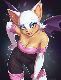 anthro big_breasts breasts cleavage clothed clothing eyelashes eyeshadow female green_eyes lipstick looking_at_viewer makeup solo text thick_thighs wide_hips wings urvile sega sonic_the_hedgehog_(series) rouge_the_bat bat mammal 2024 absurd_res artist_name hi_res
