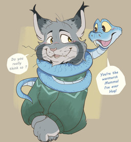 anthro blue_body blue_scales blush clothing coiling coiling_another coiling_around_body coiling_around_neck coiling_around_torso dialogue duo feral fur grey_body grey_fur hug male scales smile sweater text topwear whiskers yellow_sclera pop2hotzz disney zootopia gary_de'snake pawbert_lynxley canada_lynx felid feline lynx mammal pit_viper reptile scalie snake viper english_text