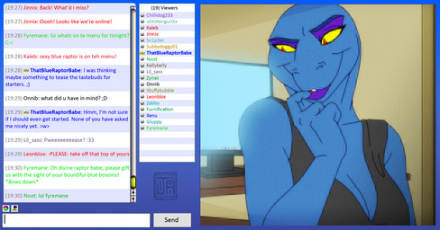anthro big_breasts blue_body blue_skin breasts cam_show chat_box clothing computer electronics female livestream monitor non-mammal_breasts shirt solo tank_top text topwear janner3d devona_rhea deinonychus dinosaur dromaeosaurid prehistoric_species reptile scalie theropod velociraptor english_text film_grain