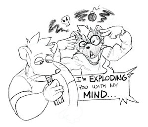 angry anthro duo emanata eyewear glasses male speech_bubble text vape dama624 american_opossum hyena mammal marsupial english_text