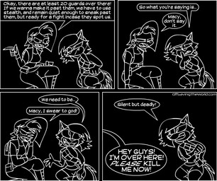 anthro bottomwear clothing crouching dialogue duo eye_contact female fluffy fluffy_tail hair humor implied_fart looking_at_another pants shirt shorts simple_background smile speech_bubble tail text topwear animatedjames macy nova_(animatedjames) canid canine fox human mammal archived_source black_and_white comic english_text monochrome