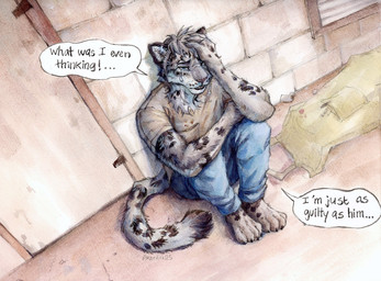 against_surface against_wall anthro apron blue_bottomwear blue_clothing blue_eyes blue_pants bodily_fluids bottomwear claws clothing crying dialogue door fur green_apron green_clothing grey_body grey_fur hand_on_own_head male markings pants pointy_ears prick_ears shirt shirt_pocket sitting sitting_on_ground solo spots spotted_body spotted_fur tail talking_to_self tears topwear white_body white_clothing white_fur white_shirt white_topwear akatan_art felid mammal pantherine snow_leopard 2025 hi_res painting_(artwork) signature traditional_media_(artwork) traditional_painting_(artwork) traditional_watercolor_(artwork) watercolor_(artwork)