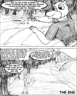 anthro backpack biped bottomwear clothed clothing dialogue duo footprint gesture hair handshake holding_butt larger_male macro male male/male micro muscular muscular_male size_difference size_play smaller_male speech_bubble text topwear dci bear canid canine fox mammal 2002 4:5 comic english_text graphite_(artwork) greyscale monochrome multiple_scenes traditional_media_(artwork)