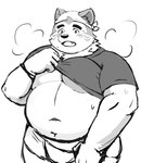 anthro bandanna belly blush bodily_fluids canid canine canis clothing domestic_dog eyebrows hi_res kerchief lifewonders live_a_hero male mammal mokdai monochrome musclegut muscular musk musk_clouds overweight pecs shimo_kawa solo sweat thick_eyebrows undressing