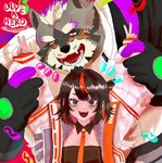 anthro bahamunoaka9 black_hair brown_body brown_fur clothing coat duo eyebrows eyewear female fur gesture glasses hair hand_gesture hi_res human lab_coat lifewonders live_a_hero male mammal procyonid raccoon red_eyes sensettia smile thick_eyebrows topwear v_sign viscunam