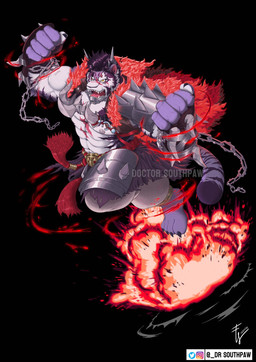 4_toes 5_fingers anthro black_claws claws eyebrows feet fingers fur humanoid_hands male markings muscular muscular_anthro muscular_male solo striped_body striped_fur striped_markings striped_tail stripes tail tail_markings thick_eyebrows toes doctor_southpaw sdorica yao_(sdorica) felid mammal pantherine tiger 2022 colored hi_res signature