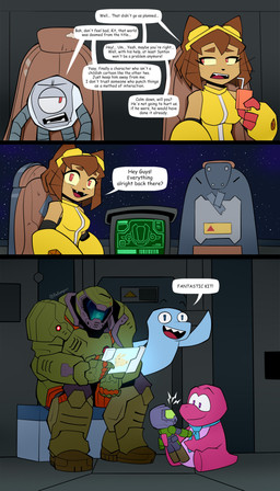 1_eye anthro armor artist doll driving_spaceship female gaming group headgear helmet juice_box larger_human larger_male machine male playing_video_game playing_with_toys sitting size_difference smaller_anthro space spacecraft speech_bubble star tablet text vehicle rakoongrey doom_(series) gameoverse glitch_productions id_software microsoft doom_slayer flappers_(gameoverse) gobbles_(gameoverse) kaboodle_(gameoverse) kit_bodega aquatic cetacean dinosaur dolphin domestic_cat felid feline felis human lagomorph leporid mammal prehistoric_species rabbit reptile robot scalie toothed_whale absurd_res artist_name comic crossover english_text hi_res
