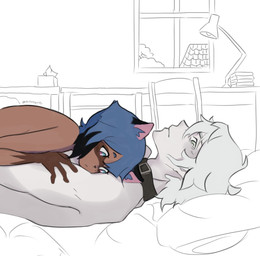animal_ears anthro bed blue_eyebrows blue_eyes blue_hair book brown_arms brown_body brown_fur chair collar desk duo eyebrows female female_on_top fur furniture green_eyes hair holding_arm lamp male male/female multicolored_eyes nude on_top pale_skin pillow pink_eyes plant rooftop table tissue tree white_hair window chickenaguette brand_new_animal studio_trigger michiru_kagemori shirou_ogami canid canine human mammal raccoon_dog tanuki hi_res watermark