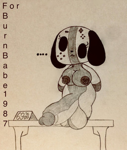 anthro balls big_balls big_breasts big_penis breasts ellipsis furniture genitals gynomorph huge_balls huge_penis hyper hyper_balls hyper_genitalia hyper_penis intersex looking_at_viewer nipples nude on_table penis shortstack shortstack_gynomorph shortstack_intersex smile solo standing table text thick_thighs wide_hips gigaboy nintendo nintendo_switch switch_dog animate_inanimate canid mammal 2020 hi_res monochrome traditional_media_(artwork)