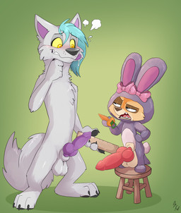 anthro balls big_balls big_penis blush bodily_fluids bunny_costume clothed clothing comparing comparing_penis costume drooling duo erection fake_ears fake_rabbit_ears fur genitals hair male male/male nude onesie open_mouth pacifier penis penis_size_difference ruler saliva simple_background small_but_hung smile tail teeth tongue tongue_out white_body white_fur yellow_sclera fuf disney zootopia finnick_(zootopia) raaf_helder_(character) arctic_wolf canid canine canis fennec_fox fox mammal true_fox wolf absurd_res digital_media_(artwork) hi_res