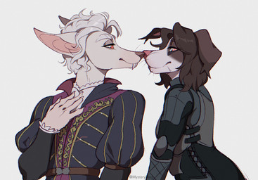 anthro clothed clothing duo eye_contact female fur looking_at_another male male/female multicolored_body multicolored_fur nose_to_nose red_nose mystery.dog baldur's_gate baldur's_gate_3 larian_studios alexa_(mystery.dog) astarion_(baldur's_gate) border_collie canid canine canis collie dobermann domestic_dog herding_dog mammal pastoral_dog pinscher sheepdog vampire 2023 digital_media_(artwork)