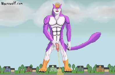 anthro bodily_fluids building fur genital_fluids genitals hair holding_own_penis holding_penis house lootah macro male male_peeing orange_hair peeing penis purple_body purple_fur solo suburbs urine watersports tokalamacrowolf sergal hi_res