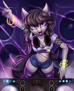 5_fingers anthro anthrofied blue_bottomwear blue_clothing bottomwear breasts clothed clothing disc_jockey electronics female fingers headphones navel open_mouth purple_eyes shorts solo speaker topwear white_clothing white_topwear lightly-san friendship_is_magic hasbro my_little_pony octavia_(mlp) earth_pony equid equine horse mammal pony 2020 digital_media_(artwork) hi_res shaded