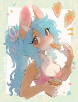 5_fingers anthro biped blue_hair breasts brown_body brown_eyes brown_fur claws clothed clothed_anthro clothed_female clothing countershade_fur countershade_torso countershading female finger_claws fingers fur hair looking_at_viewer simple_background smile solo waspsalad lagomorph leporid mammal rabbit 2026 digital_drawing_(artwork) digital_media_(artwork) hi_res