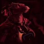 abstract_background anthro armor cape clothed clothing female looking_down red_background red_body red_eyes red_scales scales simple_background solo 4chan_anon anonymous_artist assignment_risk_(series) alien daxy reptile scalie 1:1 bust_portrait hi_res portrait restricted_palette source_request