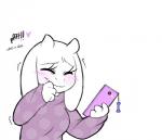 alternate_universe altertale anthro blush bone boss_monster_(undertale) bovid caprine cellphone clothed clothing comic dialogue digital_media_(artwork) electronics english_text female friisans fur heart_symbol hi_res horn long_ears mammal pfft phone phone_charm simple_background smile solo sweater text topwear toriel toriel_(altertale) undertale undertale_(series) vowelless white_background white_body white_fur