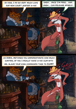 anthro athletic athletic_anthro athletic_male balls bodily_fluids breath bycocket chained_cuffs chair chastity_cage chastity_device clothing crown cum cursed_clothing dancing dialogue ejaculation erection evil_grin footwear forced forced_arousal forced_dancing forced_erection forced_orgasm furniture gasping_for_air genital_fluids genitals group hat hat_feather headgear headwear holding_chain leaking_cum loose_feather magic male masturbation mostly_nude motion_lines neck_cuff neck_restraint orgasm panting pecs shoes smile sparkles speech_bubble sweat text throne tongue tongue_out trio spiritofash third-party_edit disney prince_john robin_hood sir_hiss canid canine felid fox lion mammal pantherine red_fox reptile scalie snake true_fox english_text hi_res screencap_edit story story_in_description