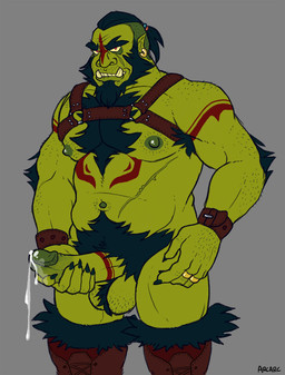 armpit_hair balls beard bodily_fluids body_hair chest_hair cum ear_piercing facial_hair genital_fluids genitals green_body harness holding_penis humanoid_genitalia humanoid_penis looking_at_viewer male markings masturbation muscular muscular_humanoid muscular_male navel nipples not_furry nude penile penile_masturbation penis piercing pubes ring scar solo teeth arcarc humanoid orc hi_res