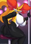anthro areola big_breasts big_butt black_areola black_nipples breasts butt curvy_figure delphox female generation_6_pokemon ghetto_delphox hi_res holding_butt huge_breasts l-a-v looking_at_viewer nintendo nipples pokemon pokemon_(species) pole sitting solo stripper_pole text thick_thighs url voluptuous voluptuous_female