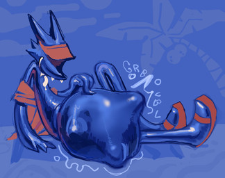 anthro beach belly belly_squish big_belly body_outline clothing footwear glistening glistening_belly glistening_body hat headgear headwear latex male prey_outline sandals shirt shoes smug_pred solo squish struggling struggling_prey tongue tongue_out topwear visor_cap vore stepsiderat marsh_(zeropaint) ambiguous_species hi_res