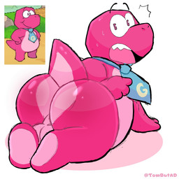 accessory anthro backsack balls bodily_fluids butt genitals looking_back magenta_body male necktie pink_body rear_view scales solo surprised sweat tombutad gameoverse glitch_productions gobbles_(gameoverse) dinosaur prehistoric_species reptile scalie 1:1 hi_res